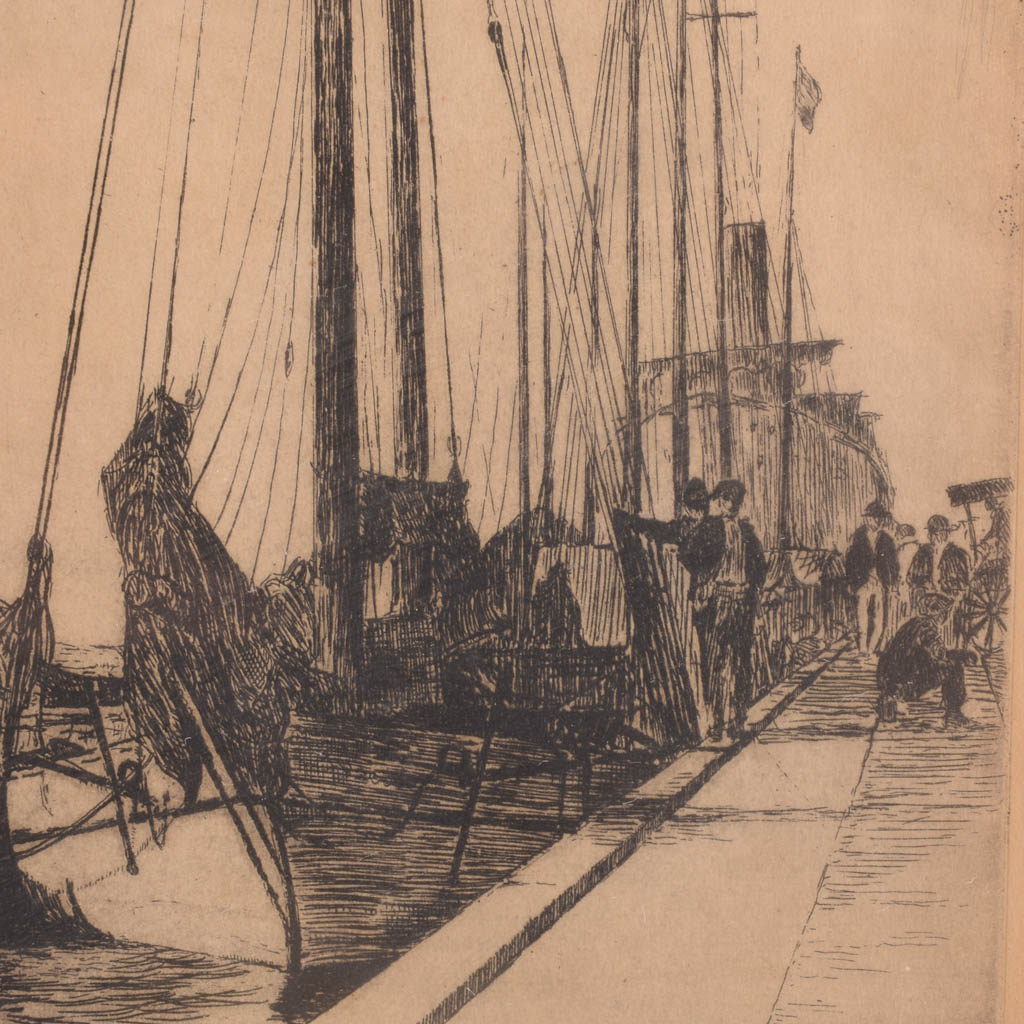 W.B. Kerr Antique Etching of Boats In Harbor