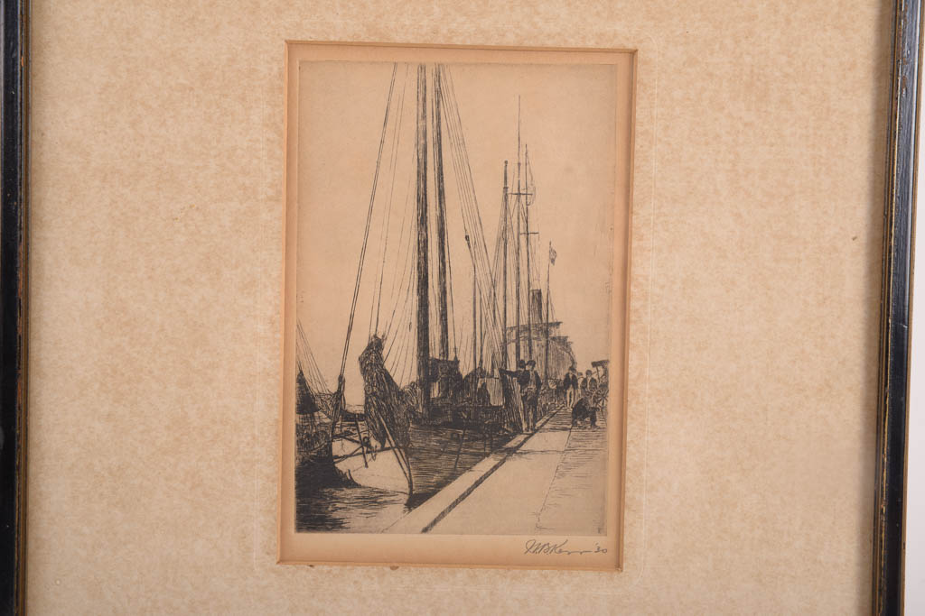 W.B. Kerr Antique Etching of Boats In Harbor