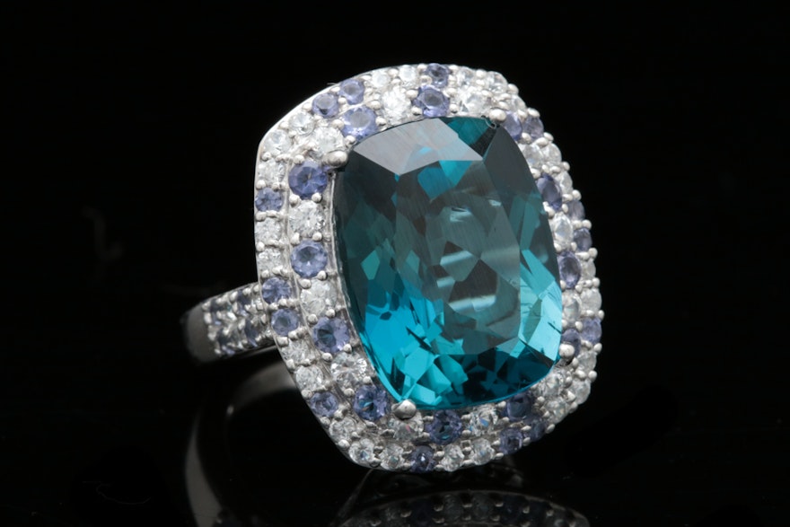 Sterling Silver, London Blue Topaz, Iolite and White Topaz Ring