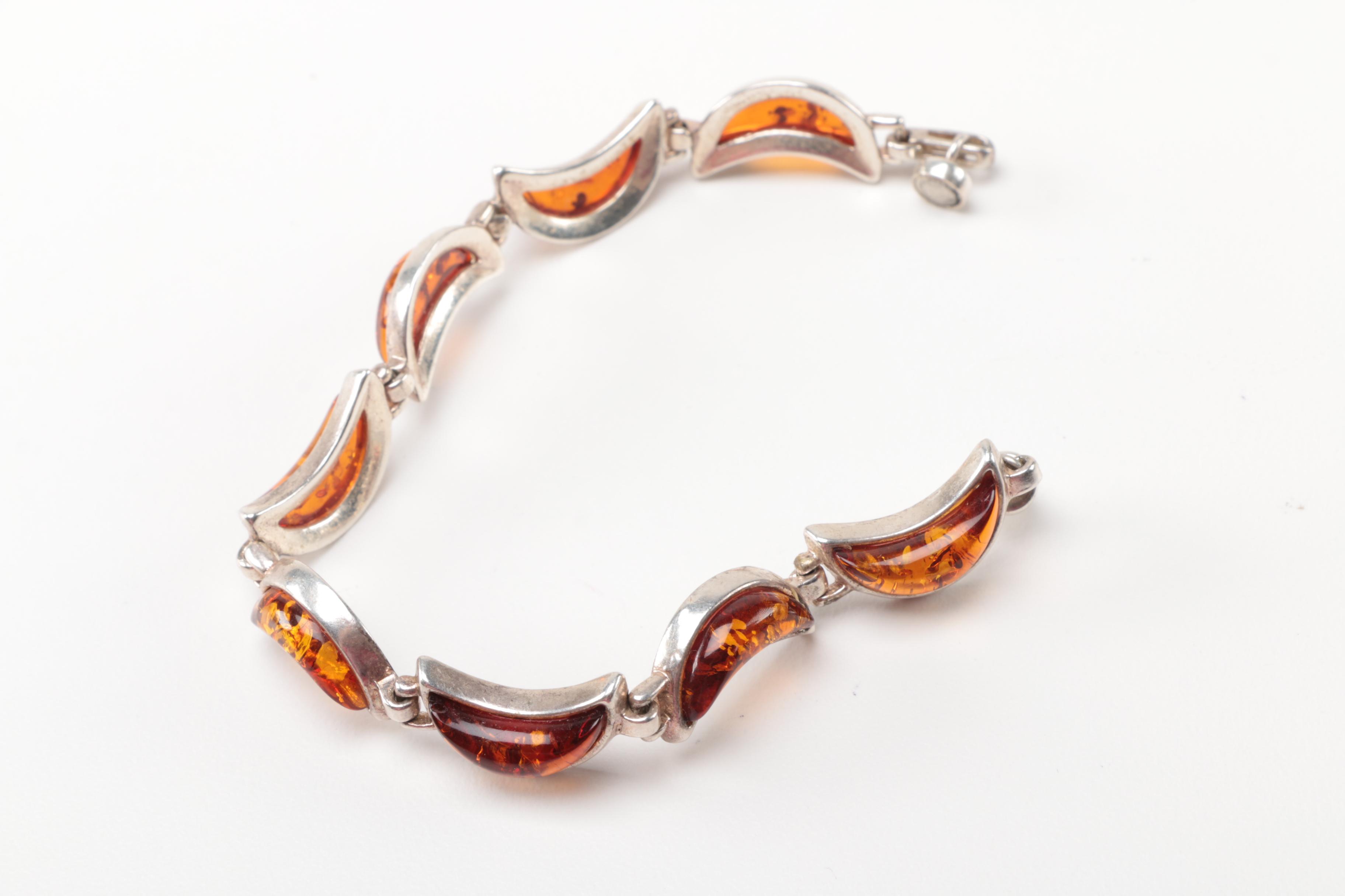 Sterling Silver Jewelry Pieces With Reconstituted Amber