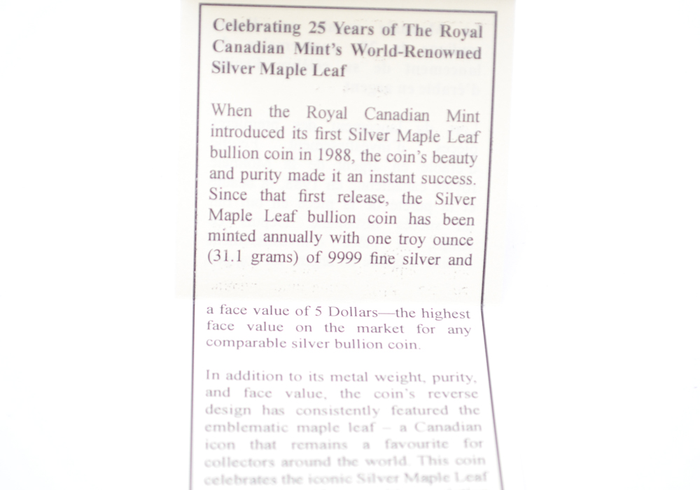 2013 Royal Canadian Mint "25 Year Maple Leaf" Silver Proof Coin