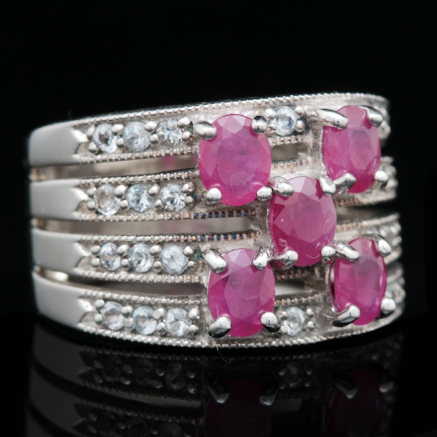 Sterling Silver, Ruby and White Zircon Ring