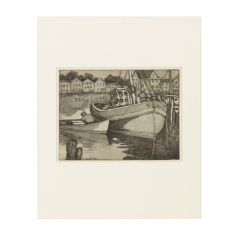 Pieter Van Veen Aquatint Etching on Paper Harbor Scene