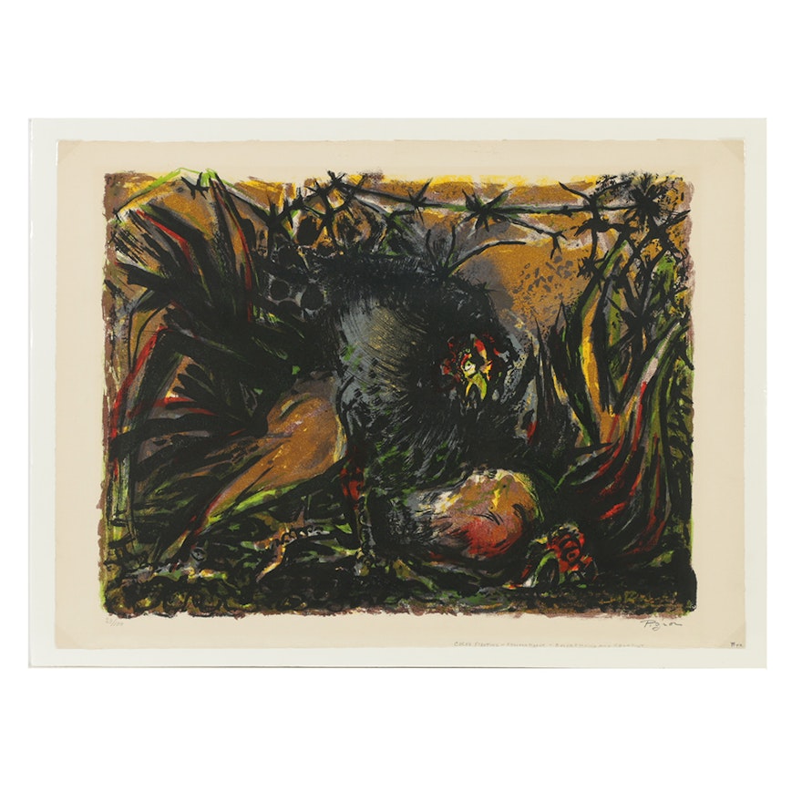 Edouard Pignon Signed Limited Edition Lithograph on Paper "Cocks Fighting"