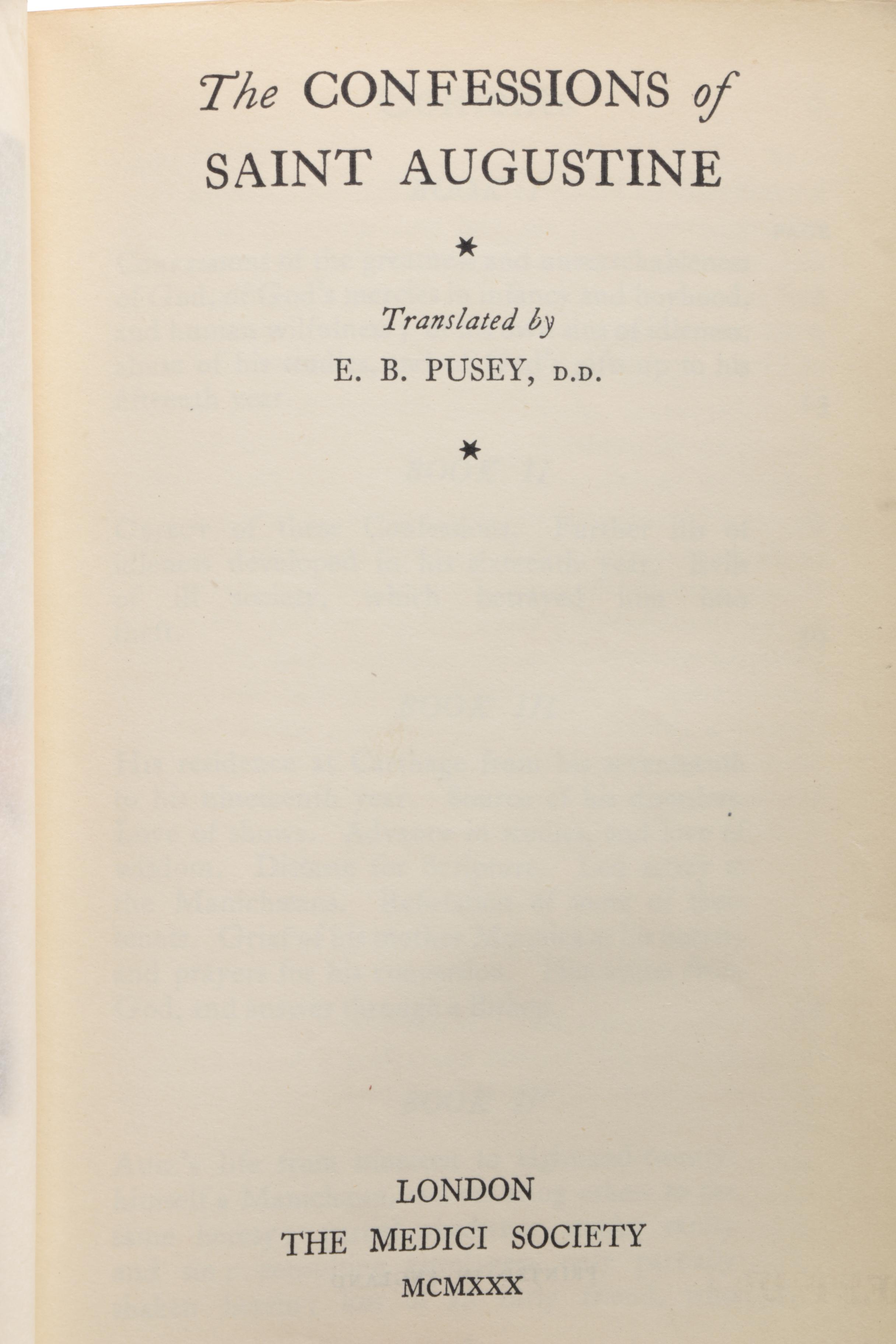 1930 "The Confessions of Saint Augustine" Translated by E.B. Pusey