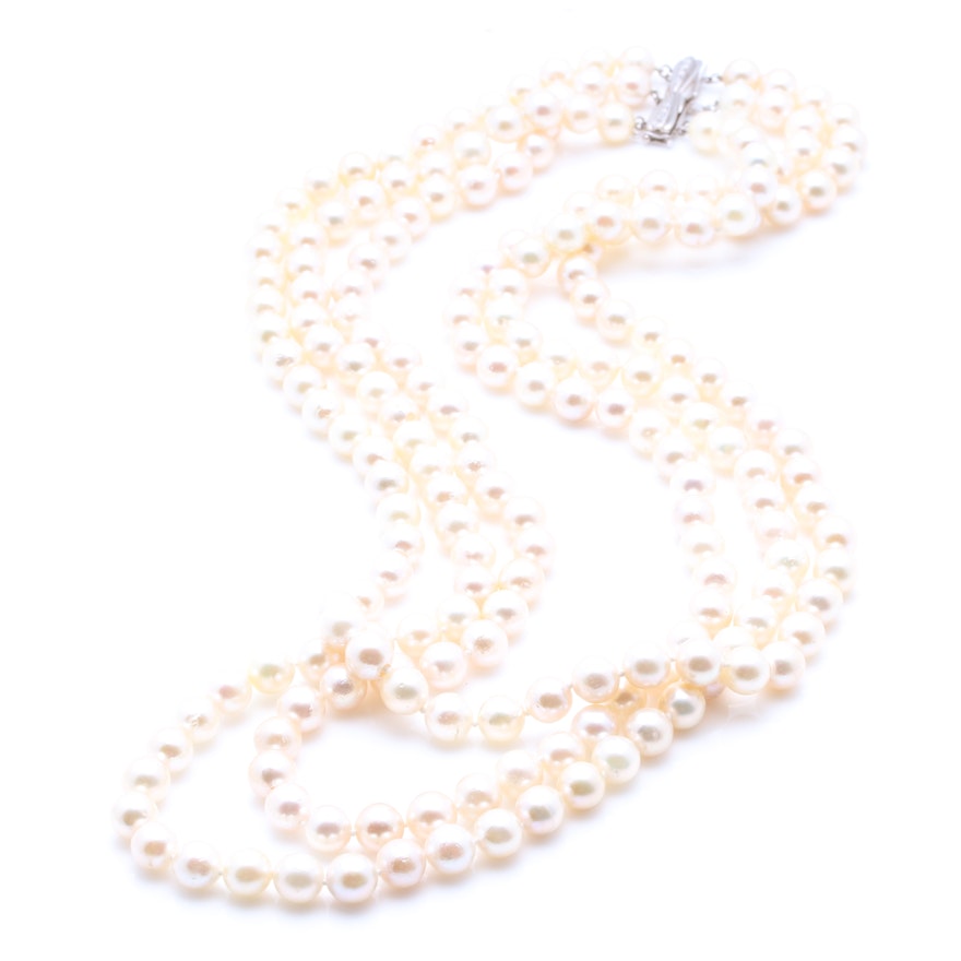 Tri-Strand Cultured Pearl Necklace With 14K White Gold Diamond Clasp