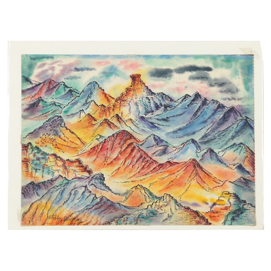 Stanley Bielecky Watercolor and Ink on Paper "Colorful Mountains"