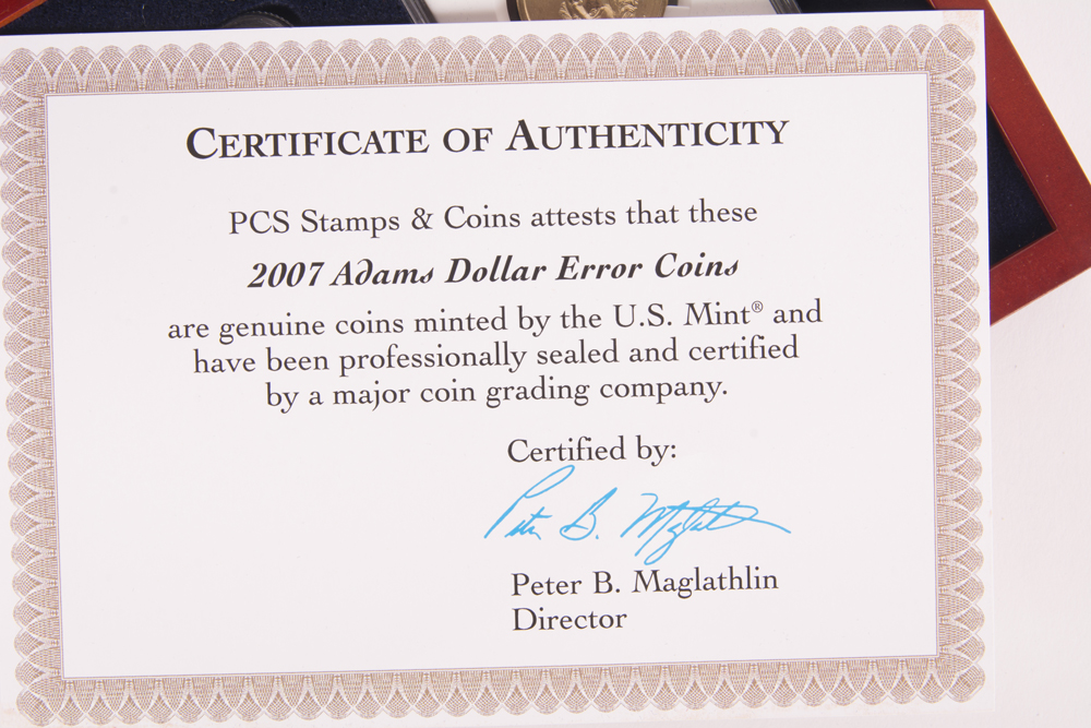 2007 John Adams Dollar Error Coins With COA