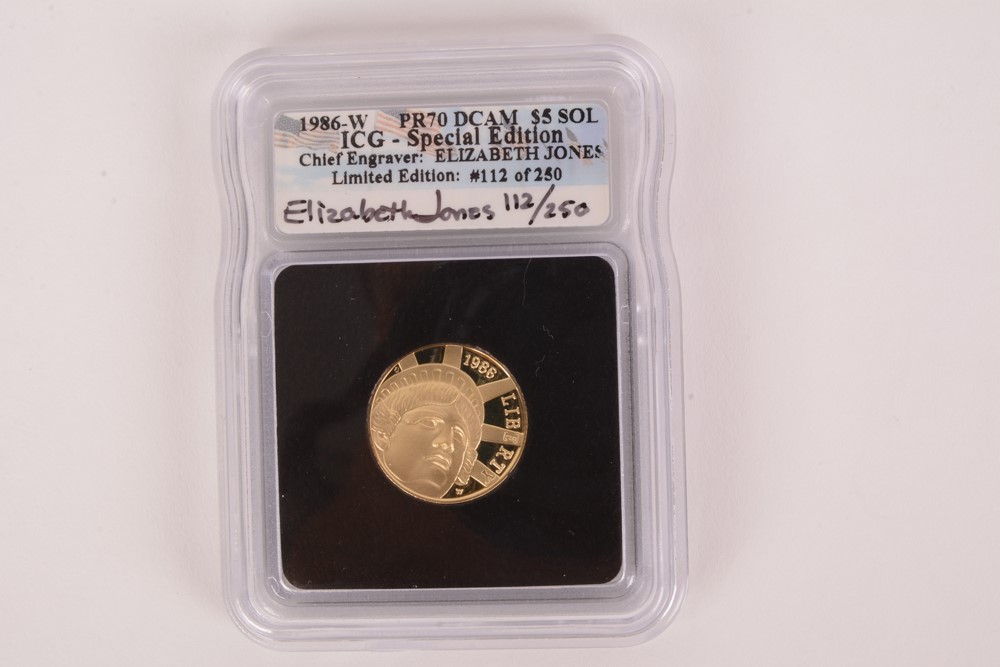 1986-W Statue of Liberty Five Dollar Gold Cameo Signed by Engraver MS-70