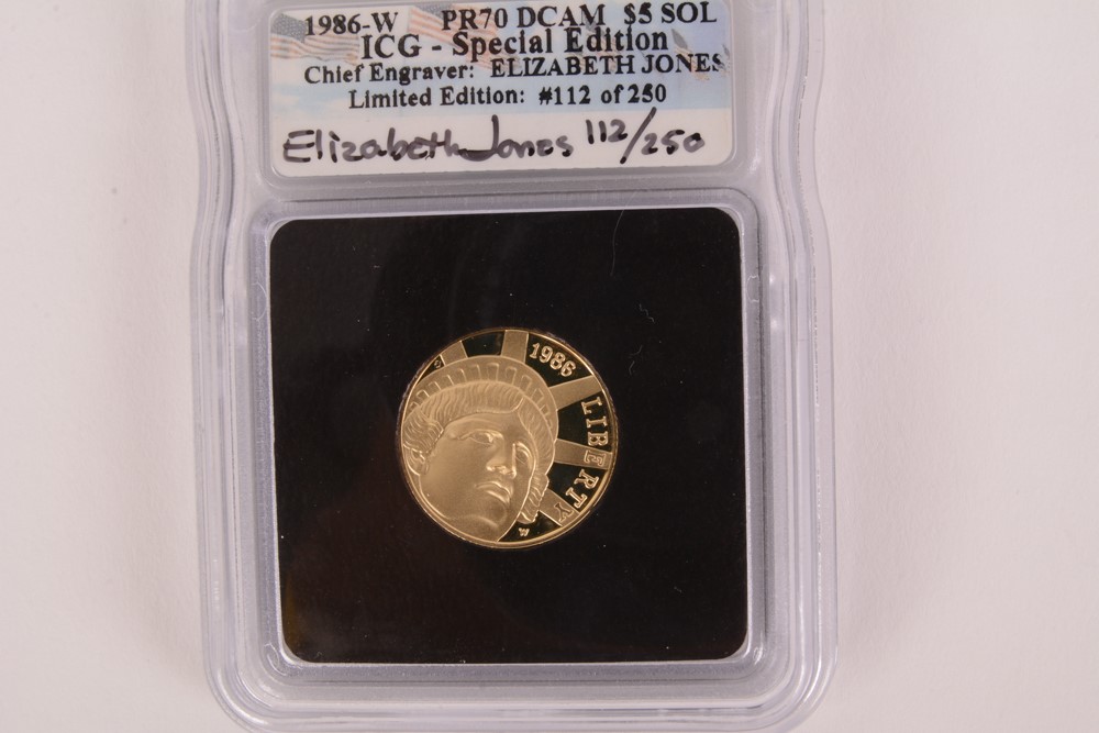 1986-W Statue of Liberty Five Dollar Gold Cameo Signed by Engraver MS-70