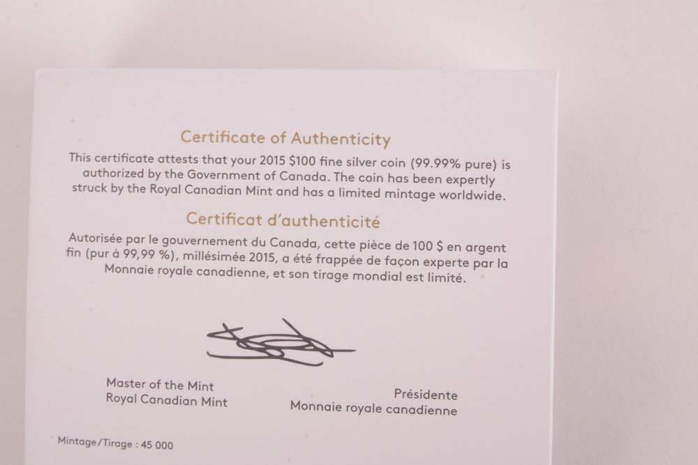 2015 Royal Canadian Mint "Muskox" $100 Matte Proof Silver Coin