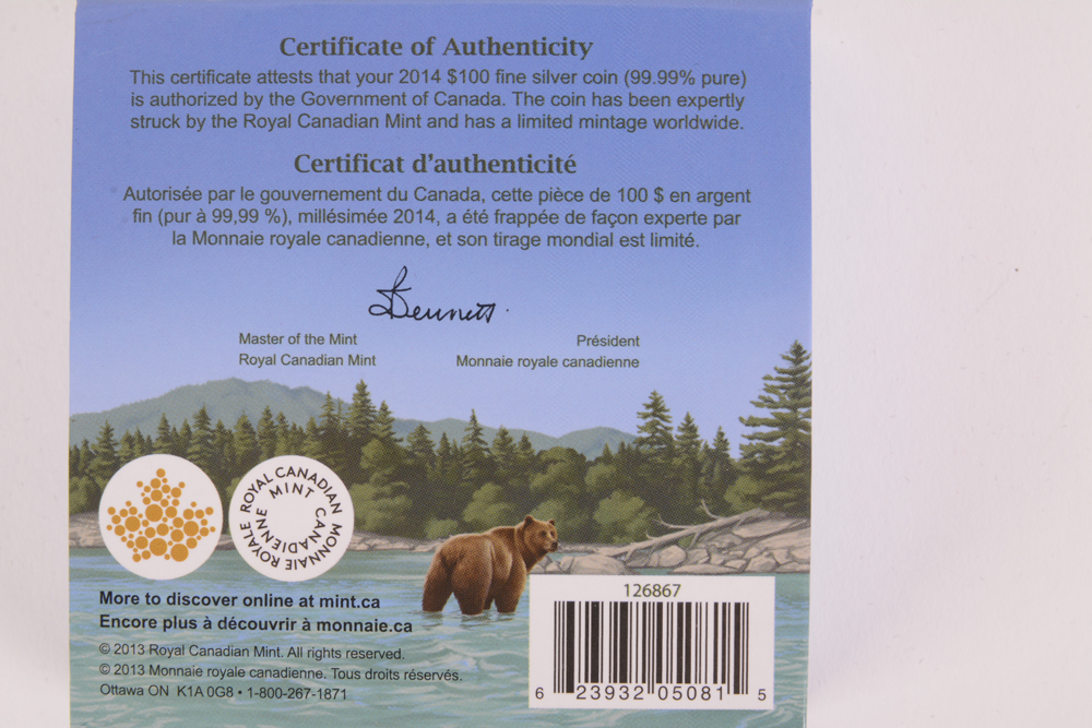 2014 Royal Canadian Mint "Grizzly" $100 Matte Proof Silver Coin