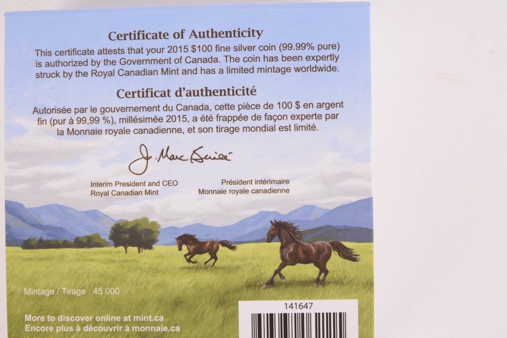 2015 Royal Canadian Mint "Horse" $100 Matte Proof Silver Coin