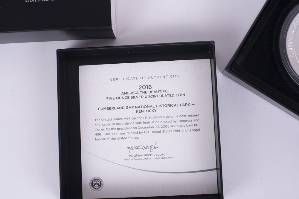 2016 America The Beautiful "Cumberland Gap" Five Ounce Silver Uncirculated Coin