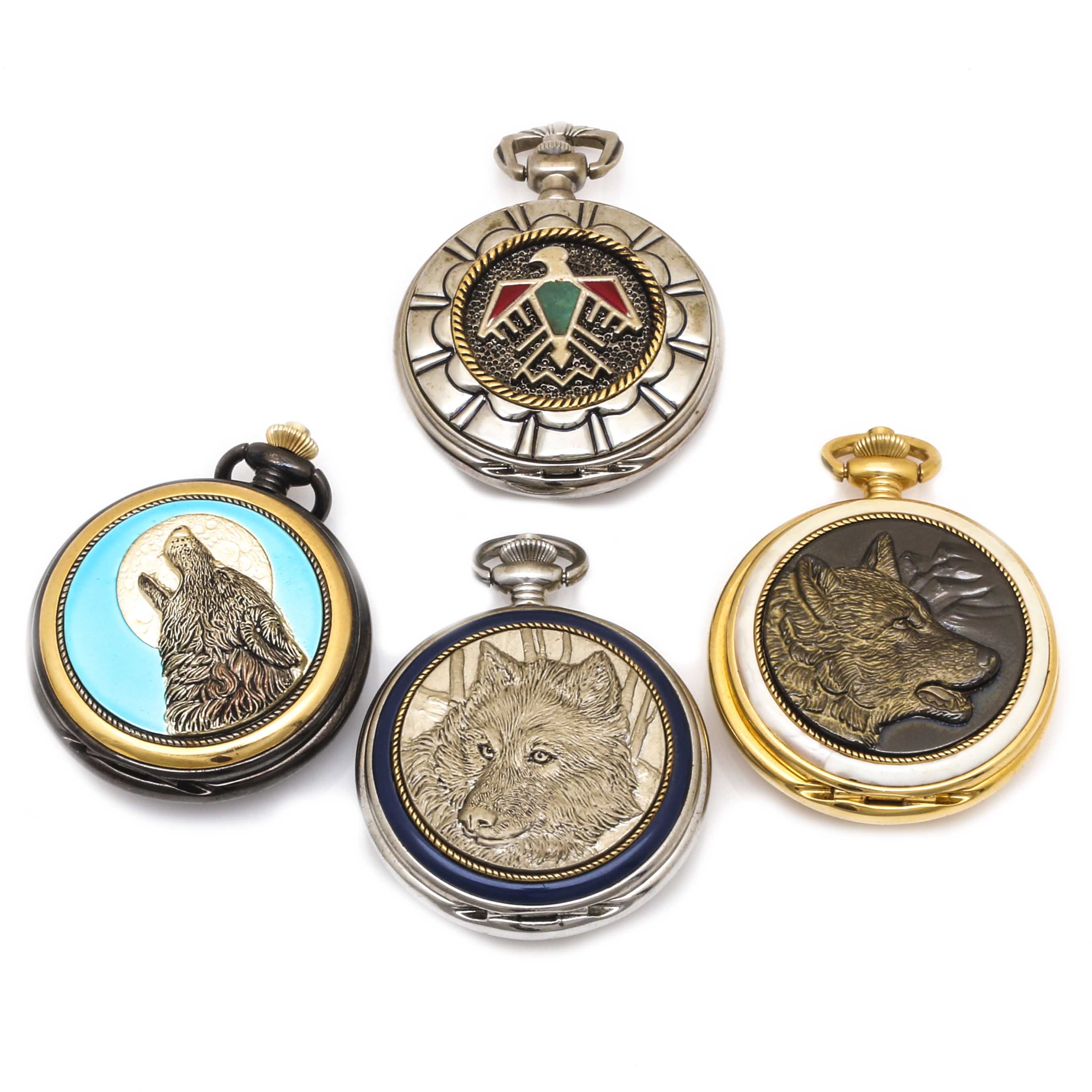Collection of Franklin Mint Collector Pocket Watches Featuring Wolf Motifs with Display Box