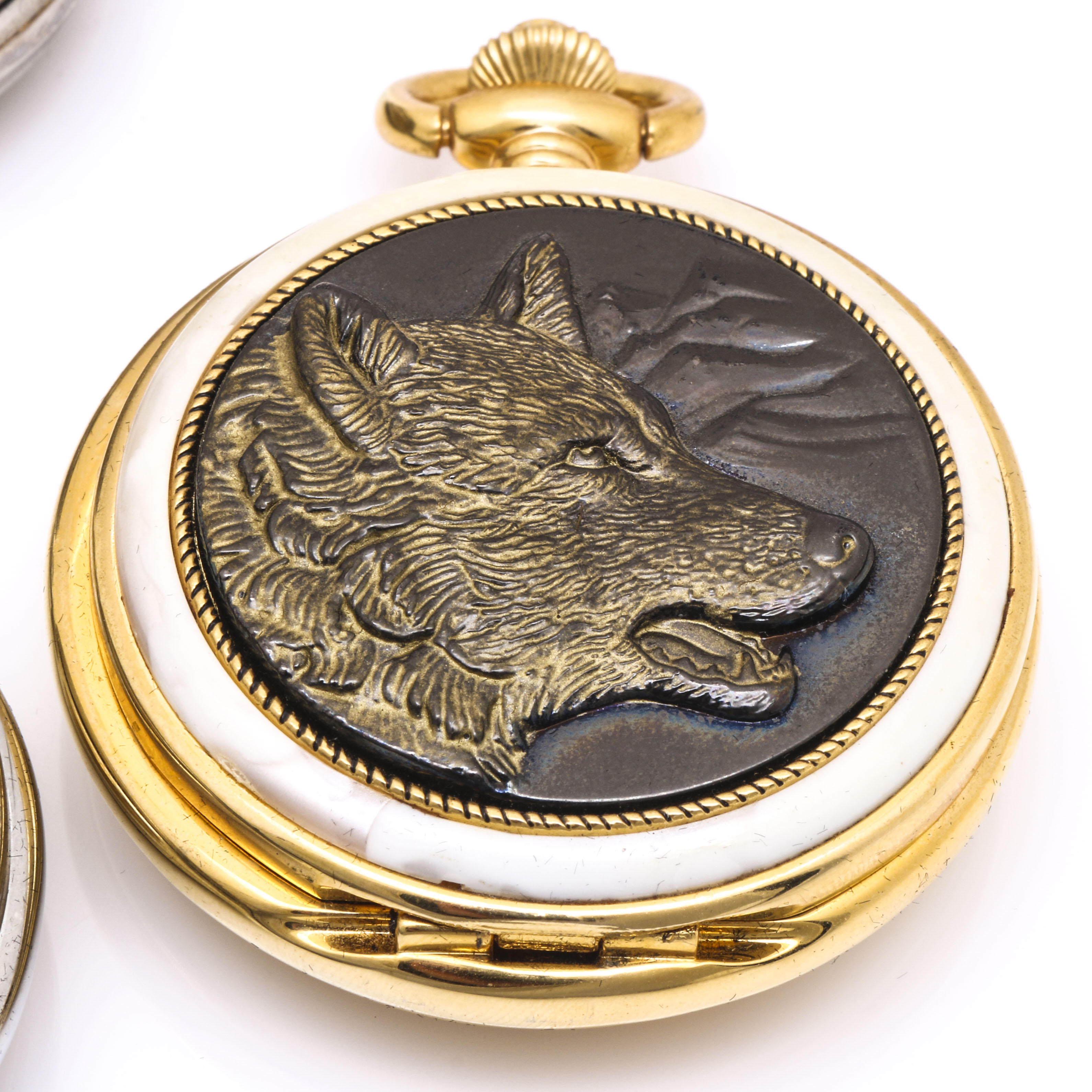 Collection of Franklin Mint Collector Pocket Watches Featuring Wolf Motifs with Display Box