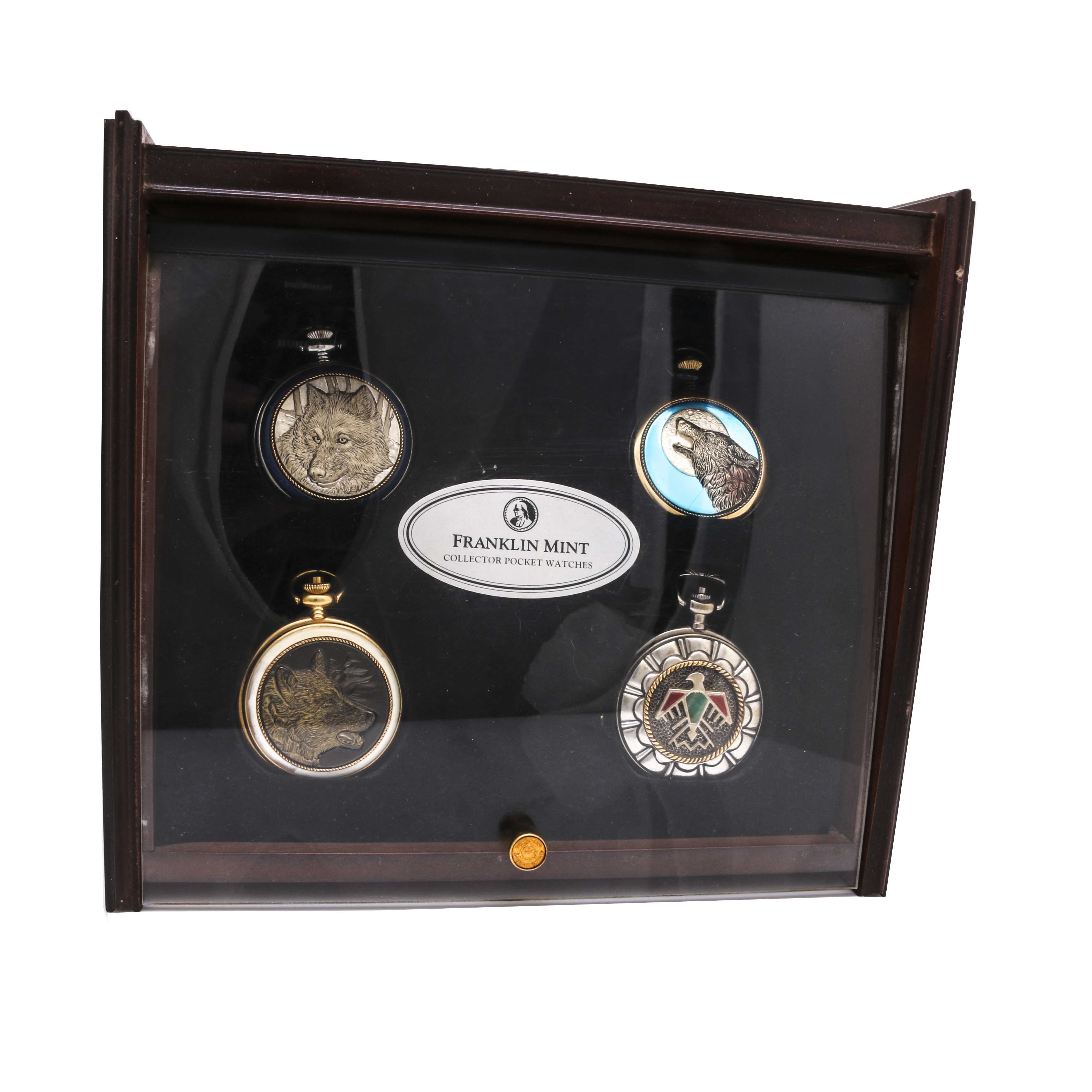 Collection of Franklin Mint Collector Pocket Watches Featuring Wolf Motifs with Display Box
