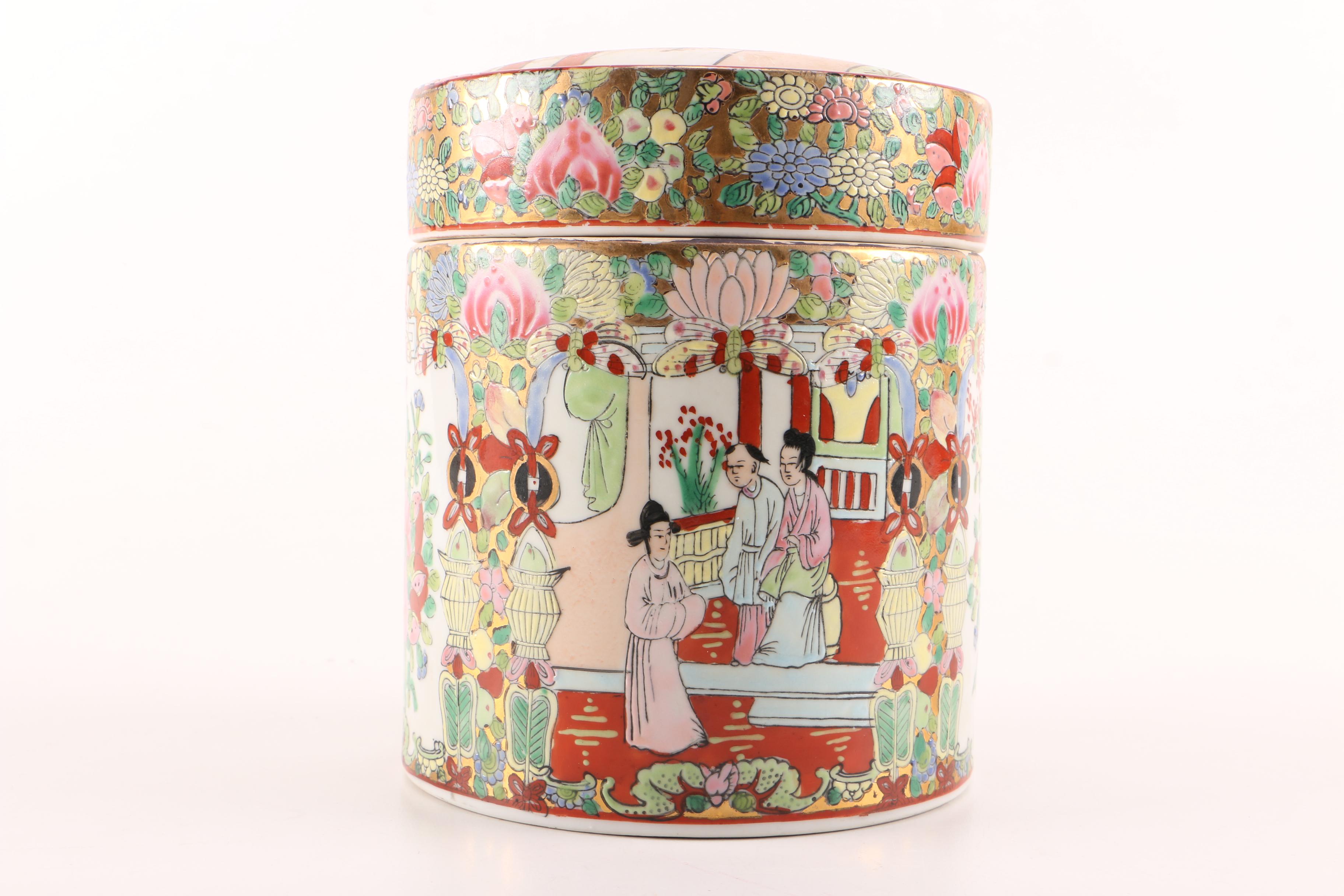 Vintage Chinese Hand Painted Porcelain Canister