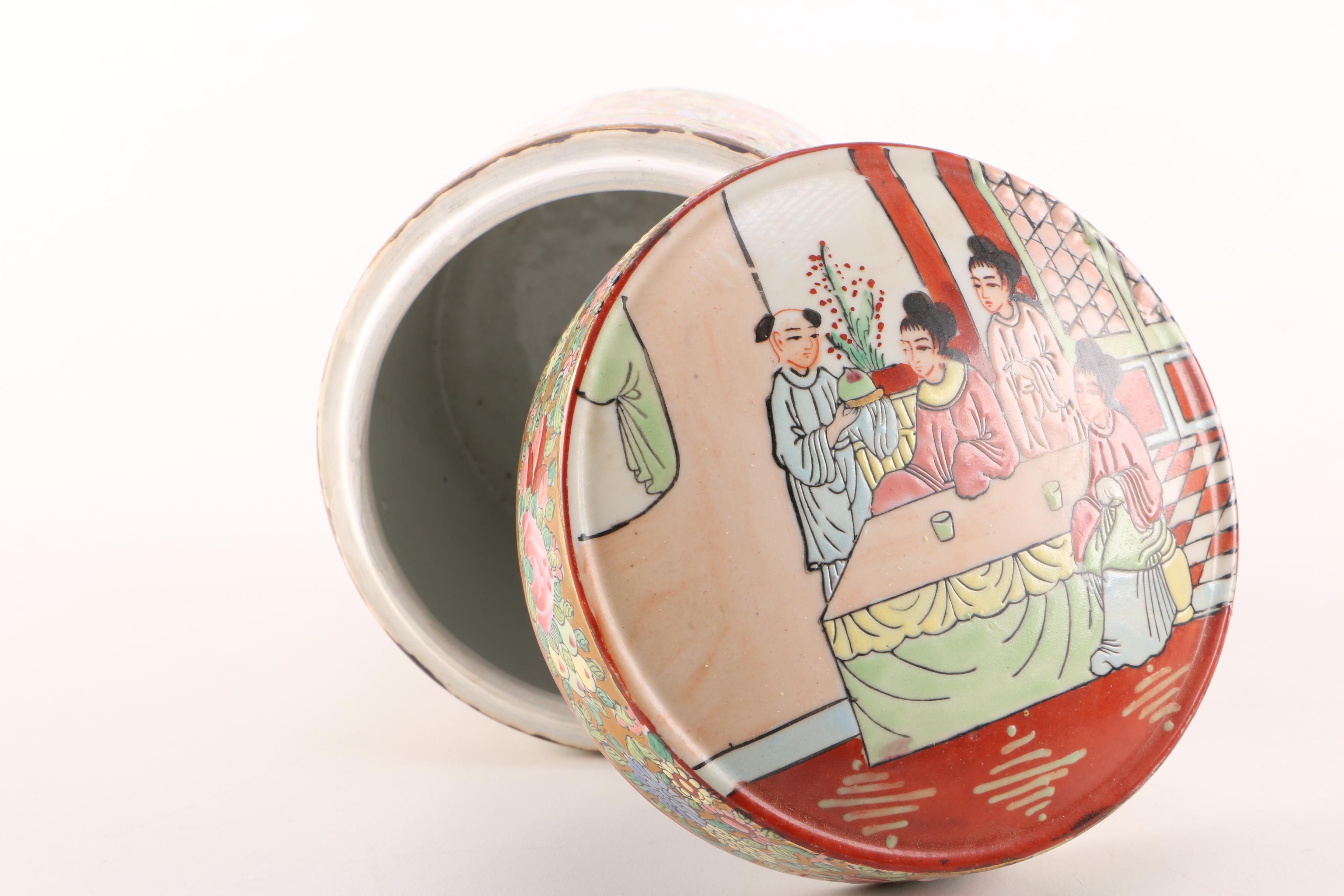 Vintage Chinese Hand Painted Porcelain Canister