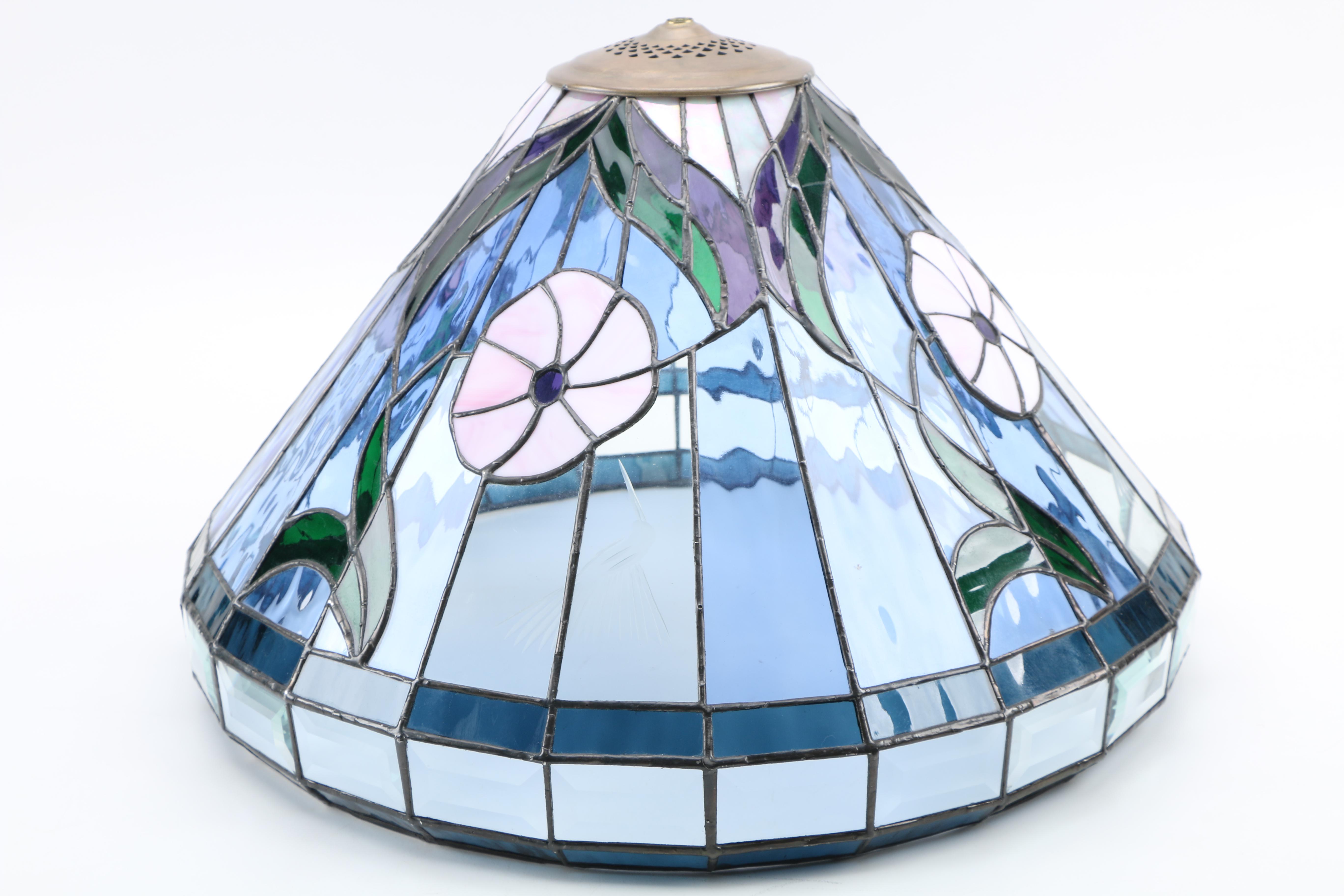 Stained Glass Uplight Chandelier With Flowers and Etched Hummingbirds