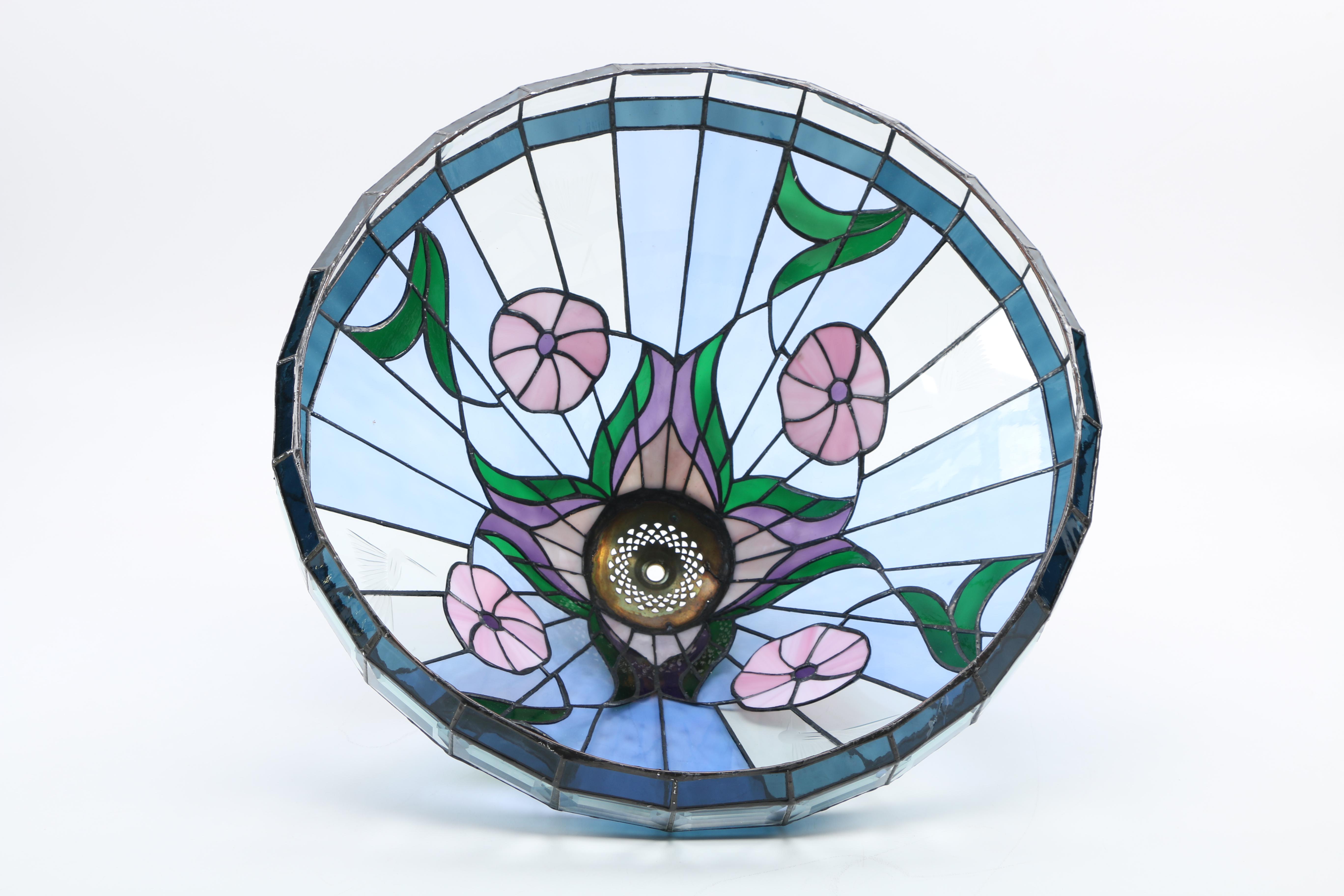 Stained Glass Uplight Chandelier With Flowers and Etched Hummingbirds