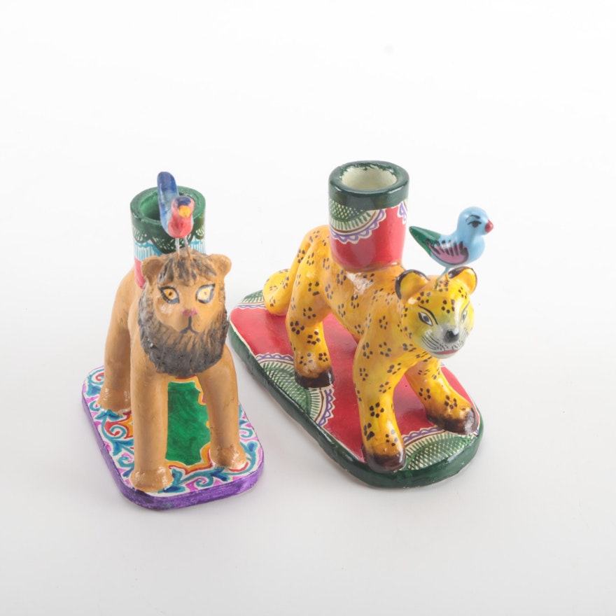 Mexican Ceramic Lion and Cheetah Figurine Candle Holders
