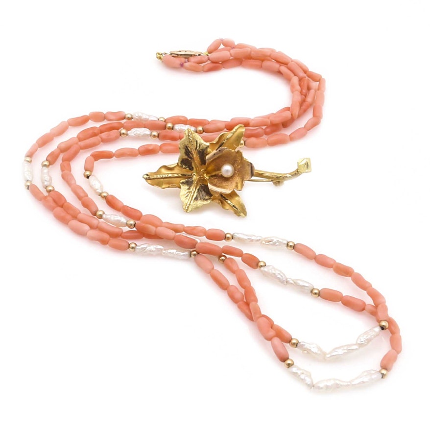 18K Yellow Gold Calla Lilly Brooch and Coral and Freshwater Pearl Necklace With 14K Yellow Gold Findings