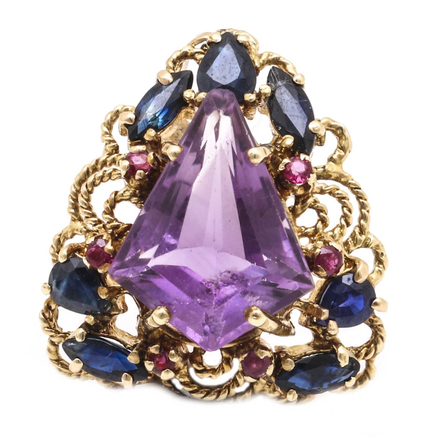14K Yellow Gold Pendant With Amethyst, Sapphire and Ruby