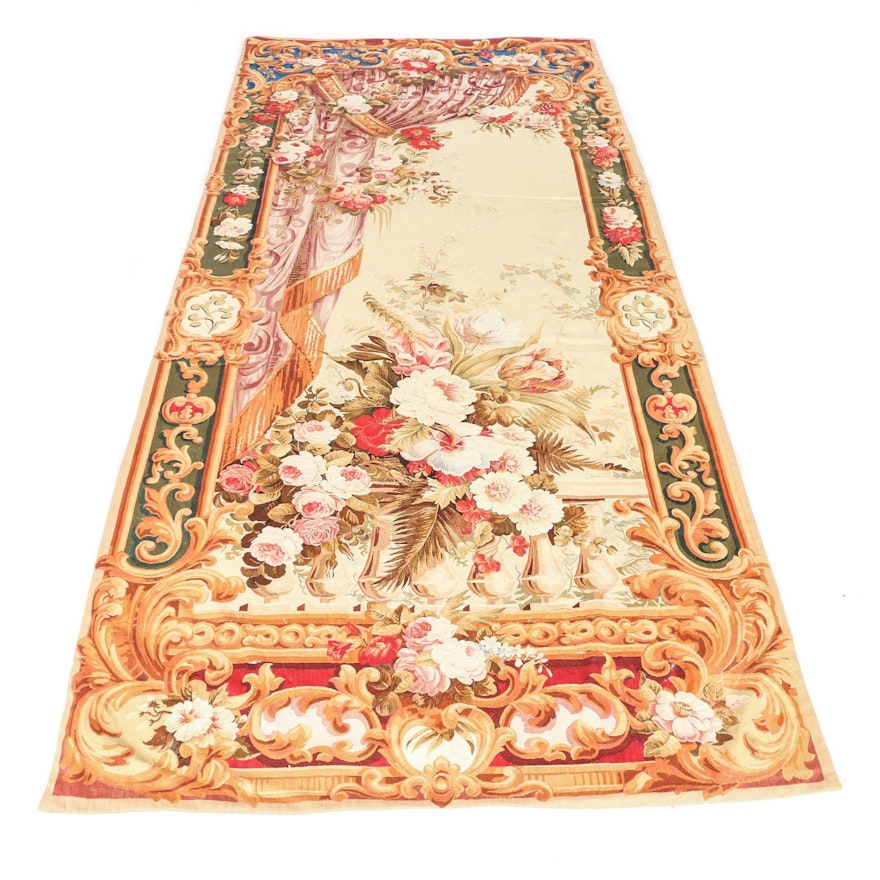 Handmade Floral Aubusson-Style Needlepoint Long Area Rug