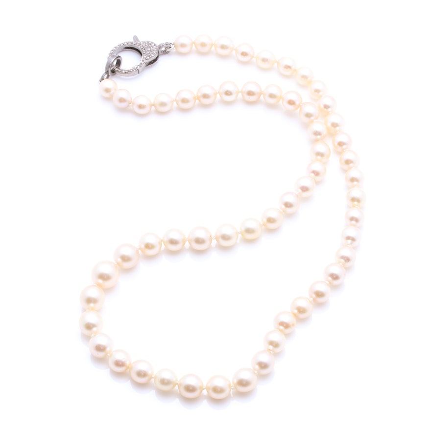 Sterling Silver Cultured Pearl Necklace with Diamond Embellished Clasp