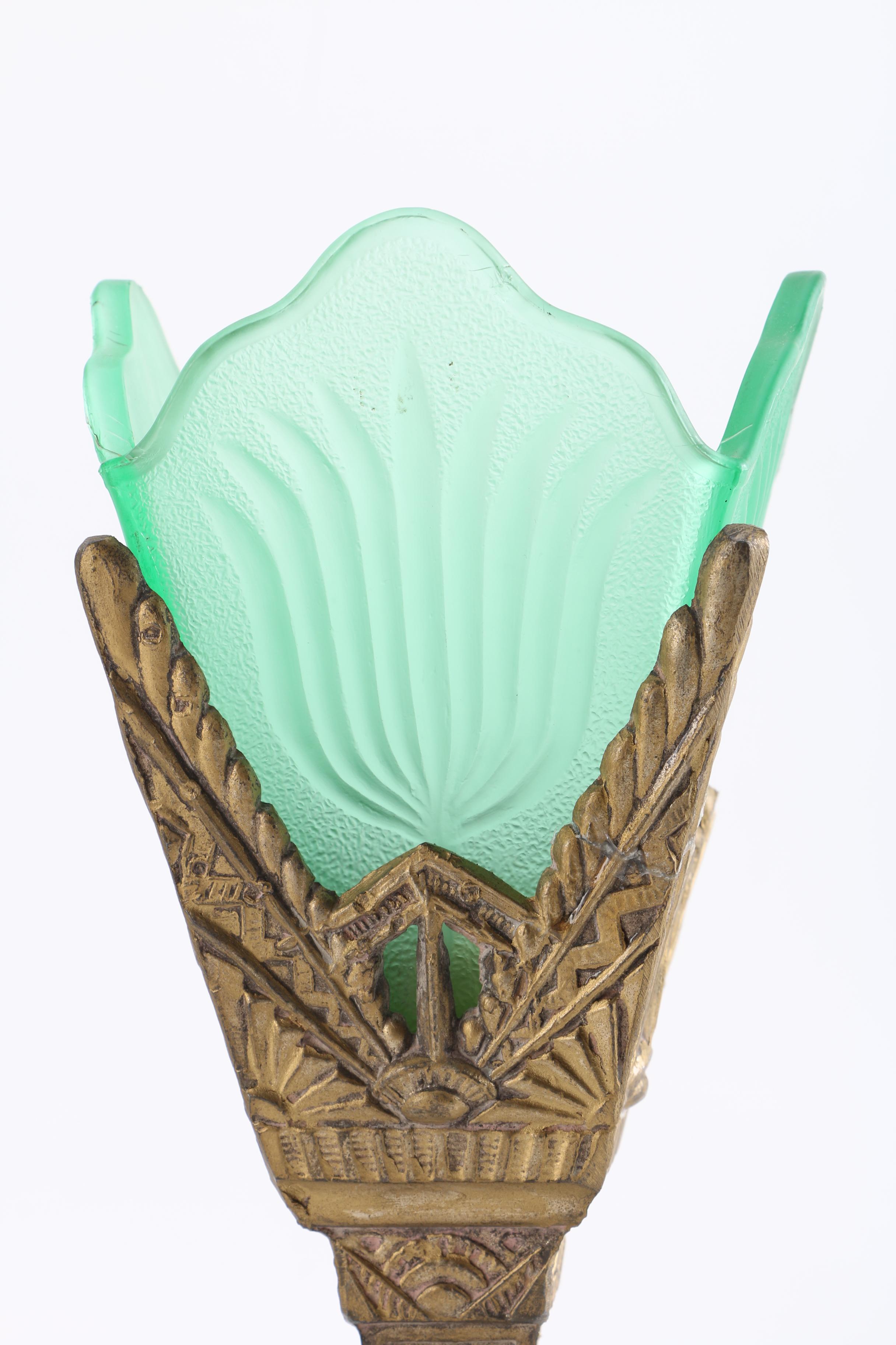 Gold Tone Metal Table Lamp With Green Glass Shade