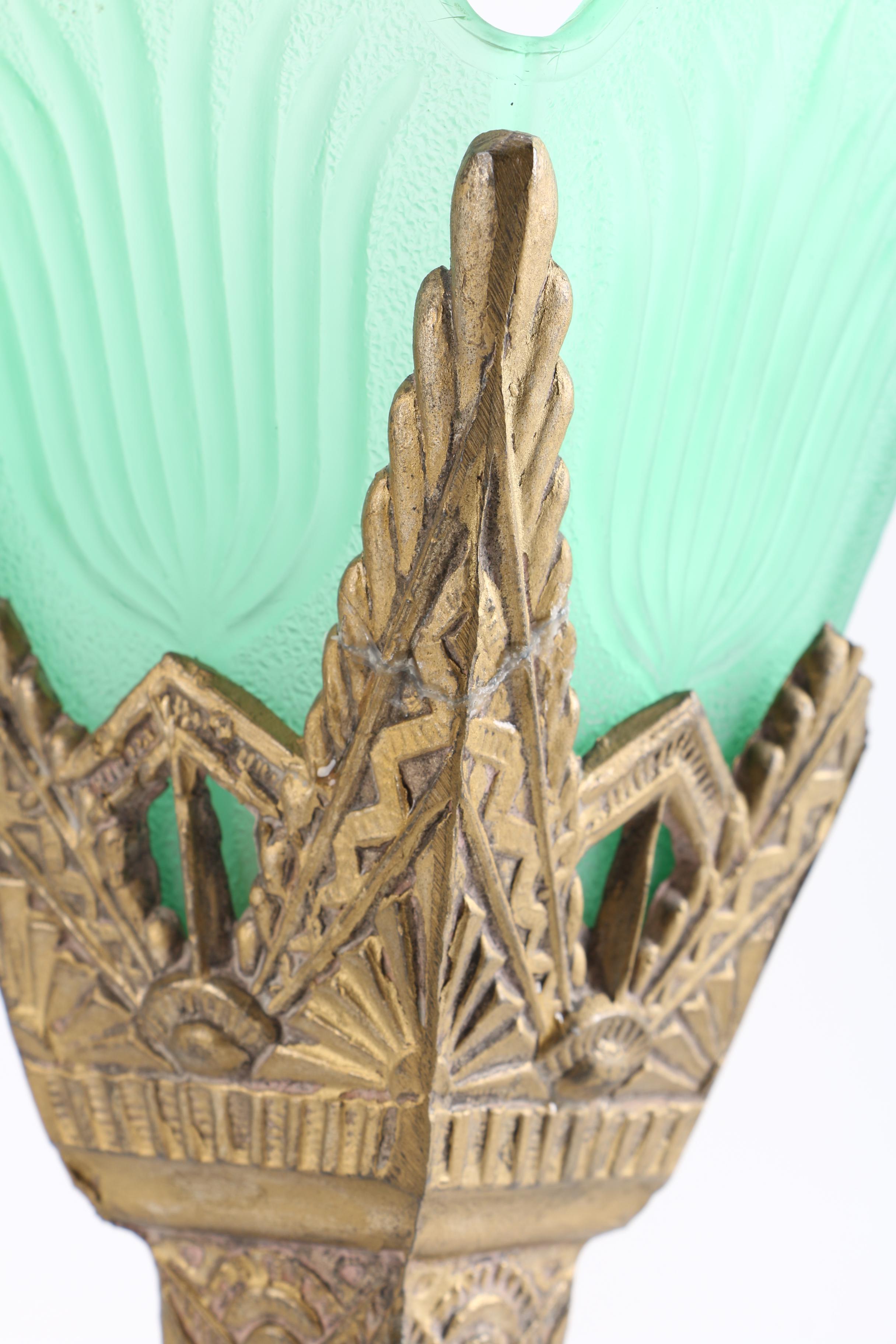 Gold Tone Metal Table Lamp With Green Glass Shade