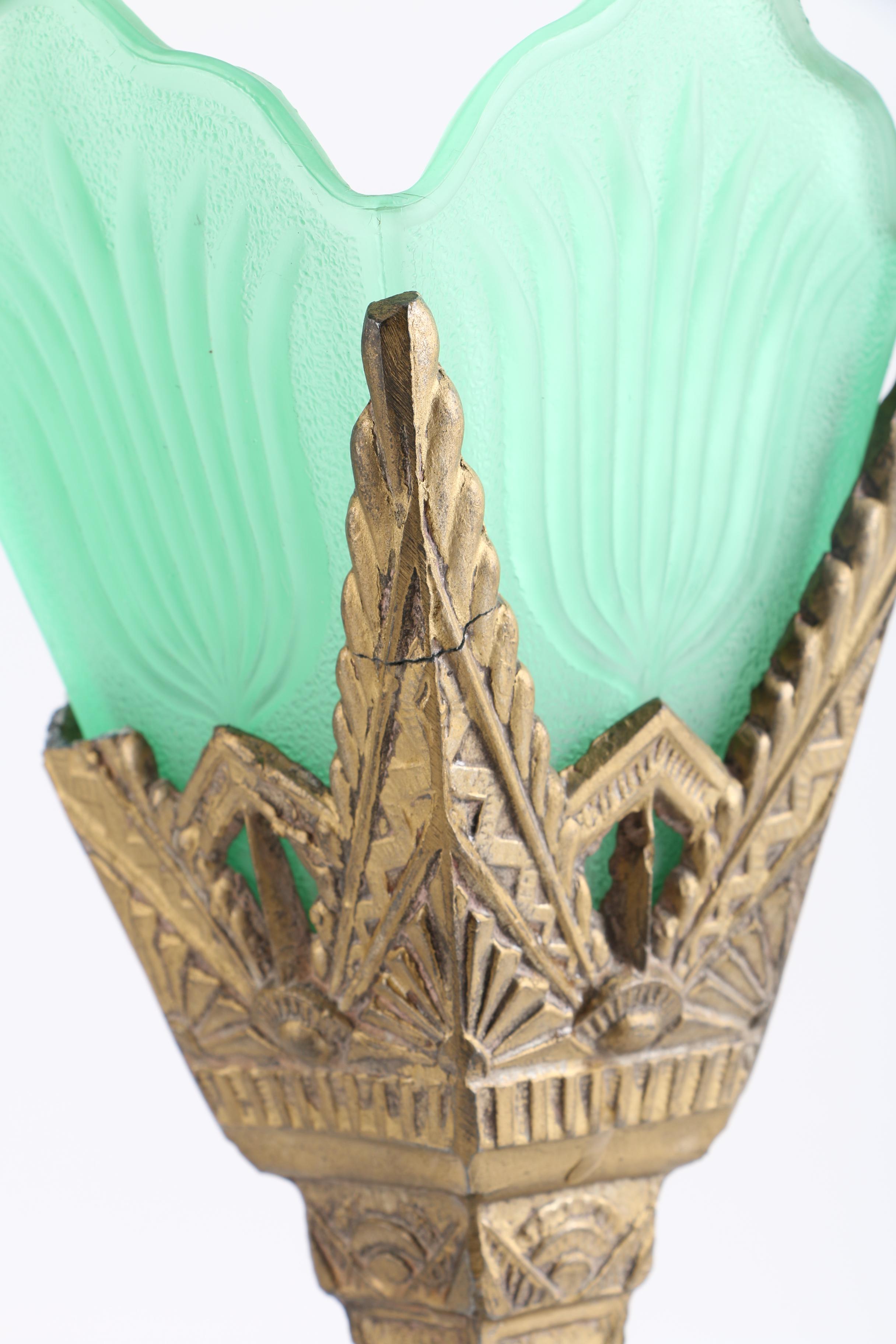 Gold Tone Metal Table Lamp With Green Glass Shade
