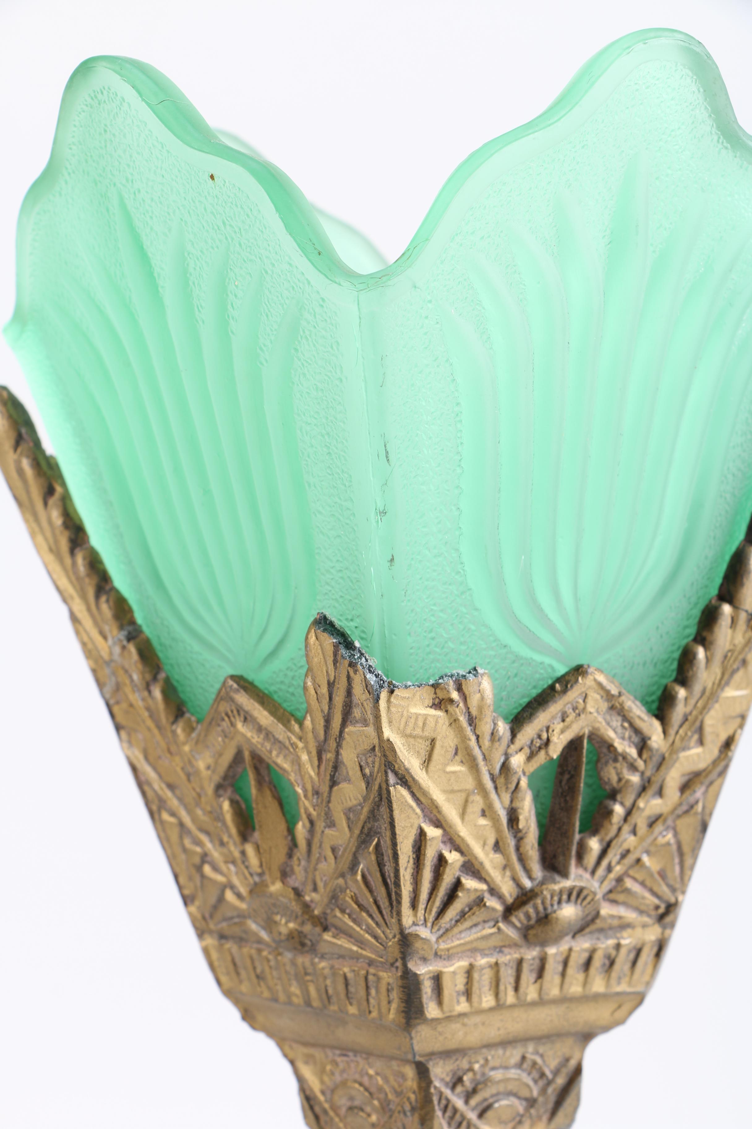 Gold Tone Metal Table Lamp With Green Glass Shade