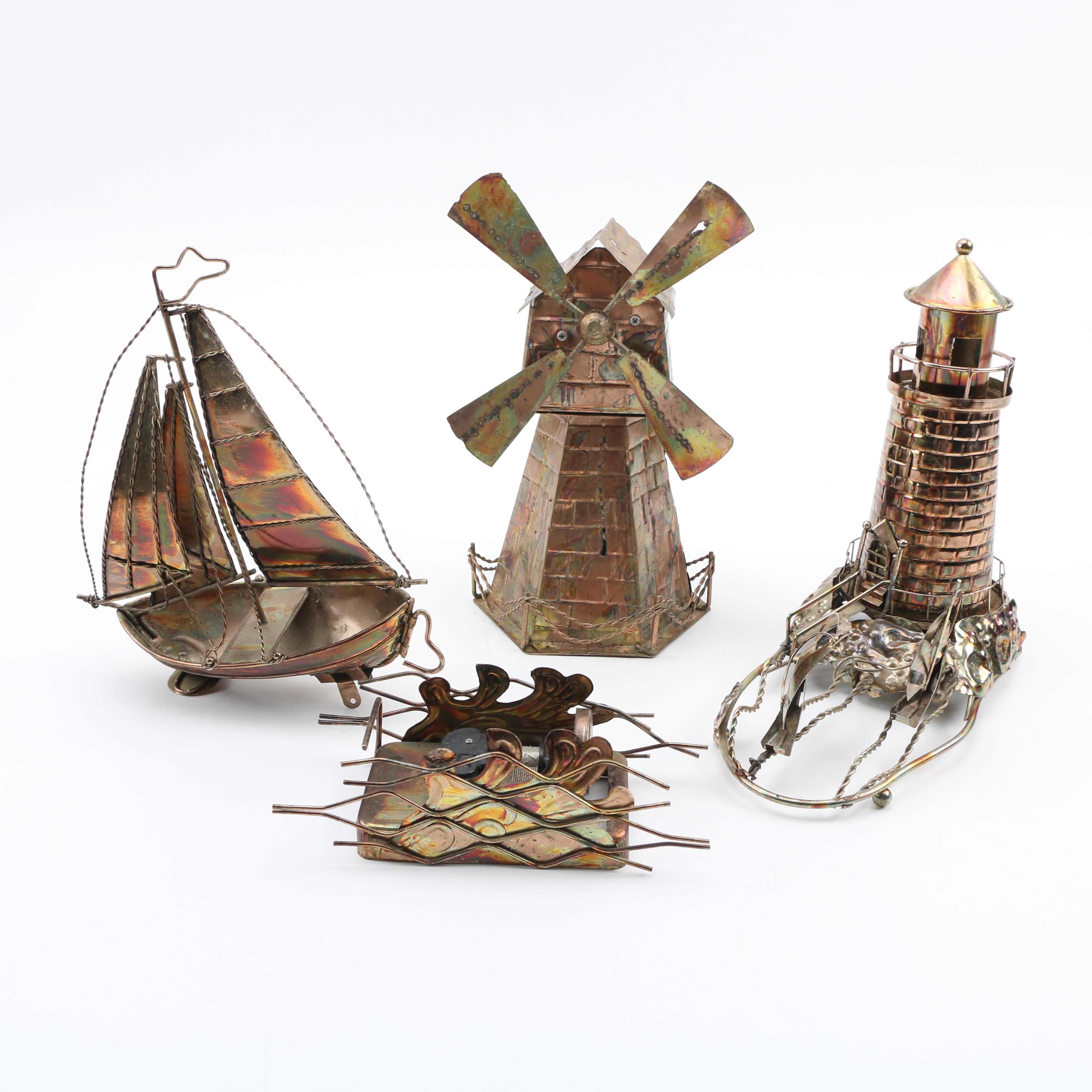 Copper Tone Metal Sculptures With Sankyo Music Boxes