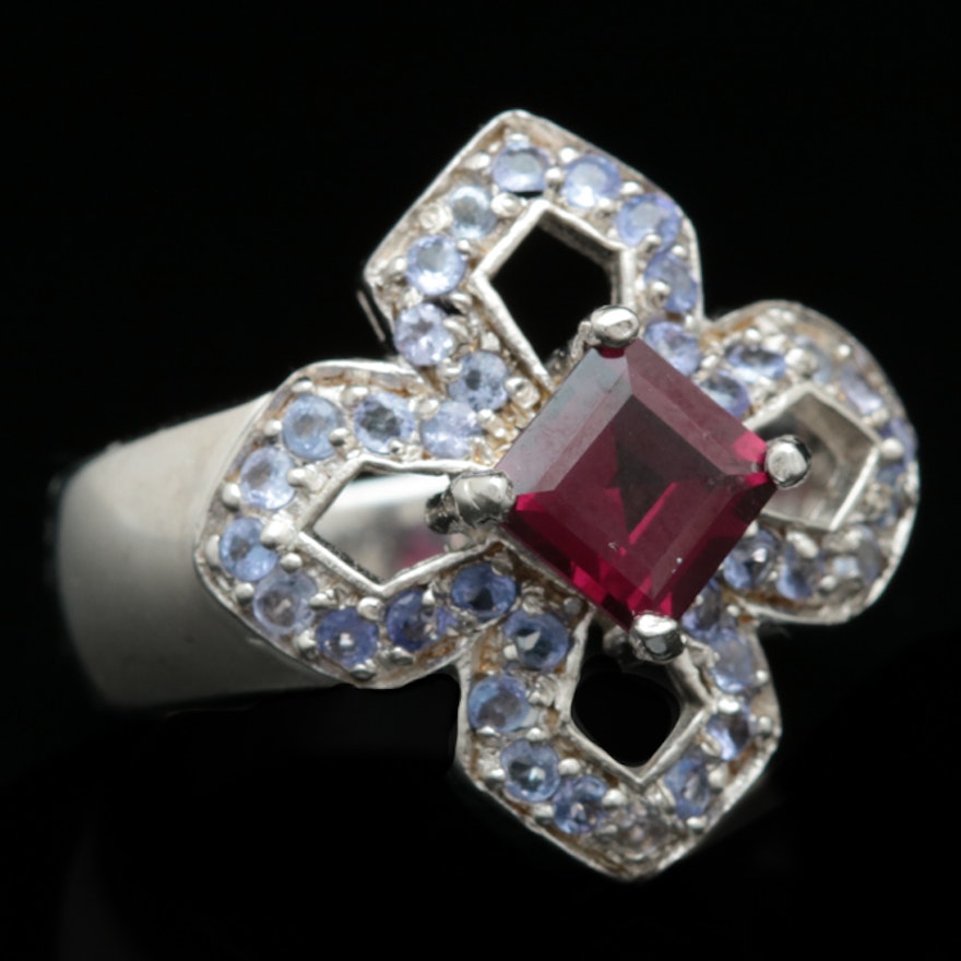 Sterling Silver, Tanzanite and Garnet Ring