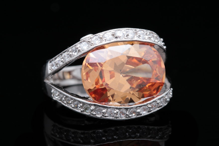 Sterling Silver, Orange and White CZ Ring