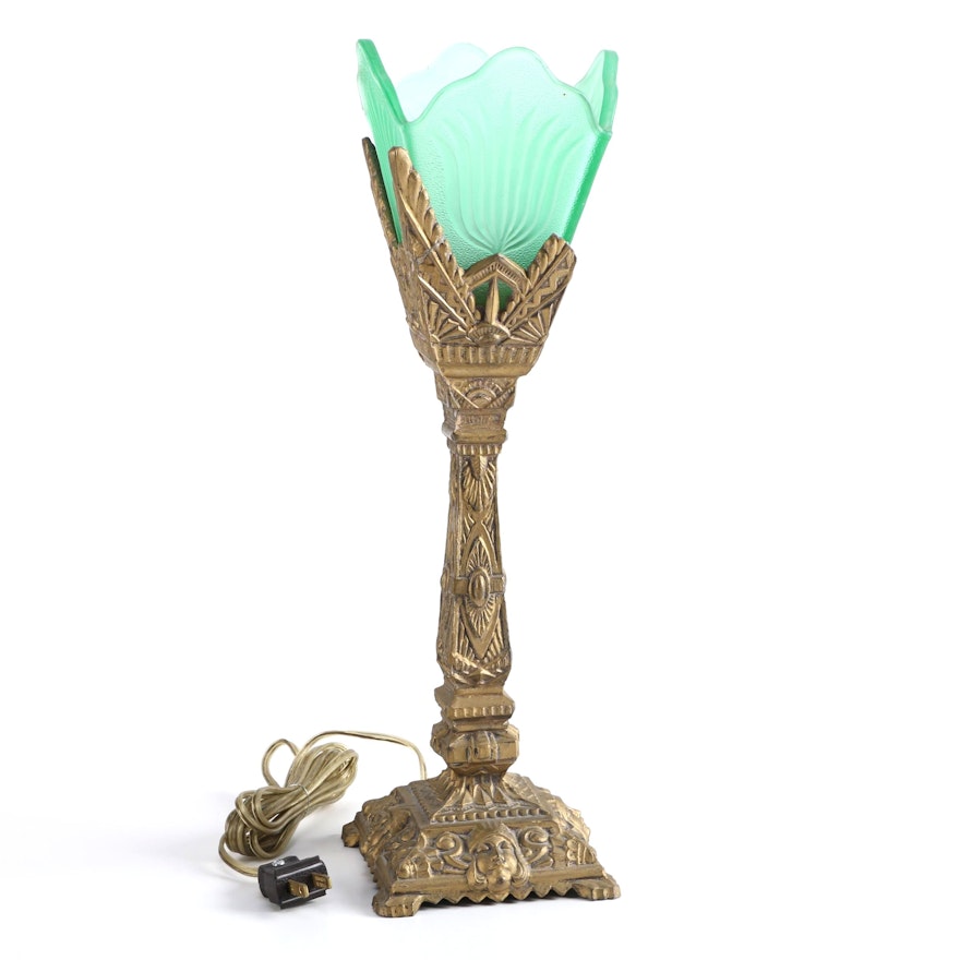Gold Tone Metal Table Lamp With Green Glass Shade