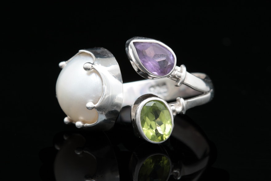 Sterling Silver, Amethyst, Peridot and Mabé Pearl Ring