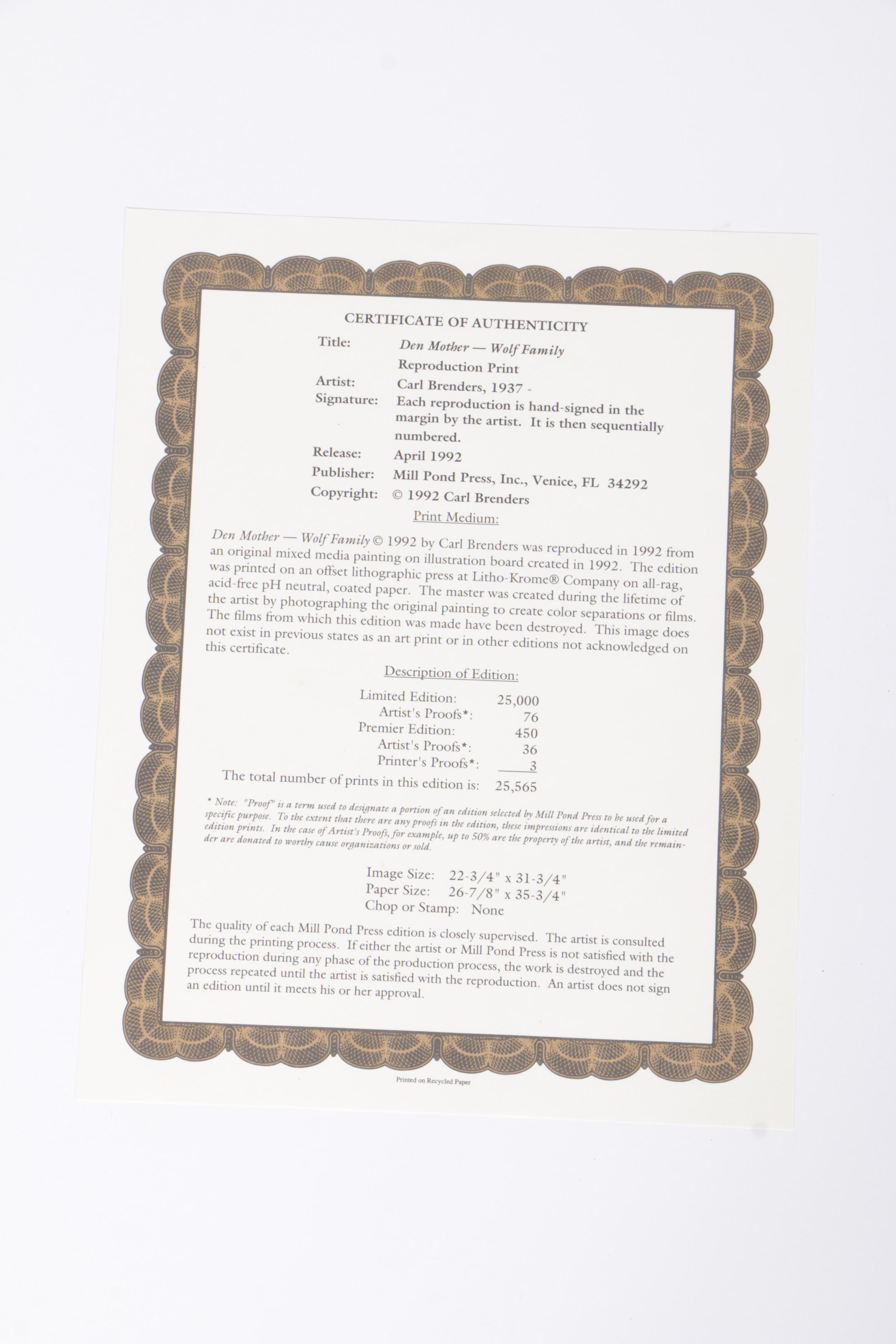 Carl Brenders Limited Edition Offset Lithograph "Den Mother - Wolf Family"