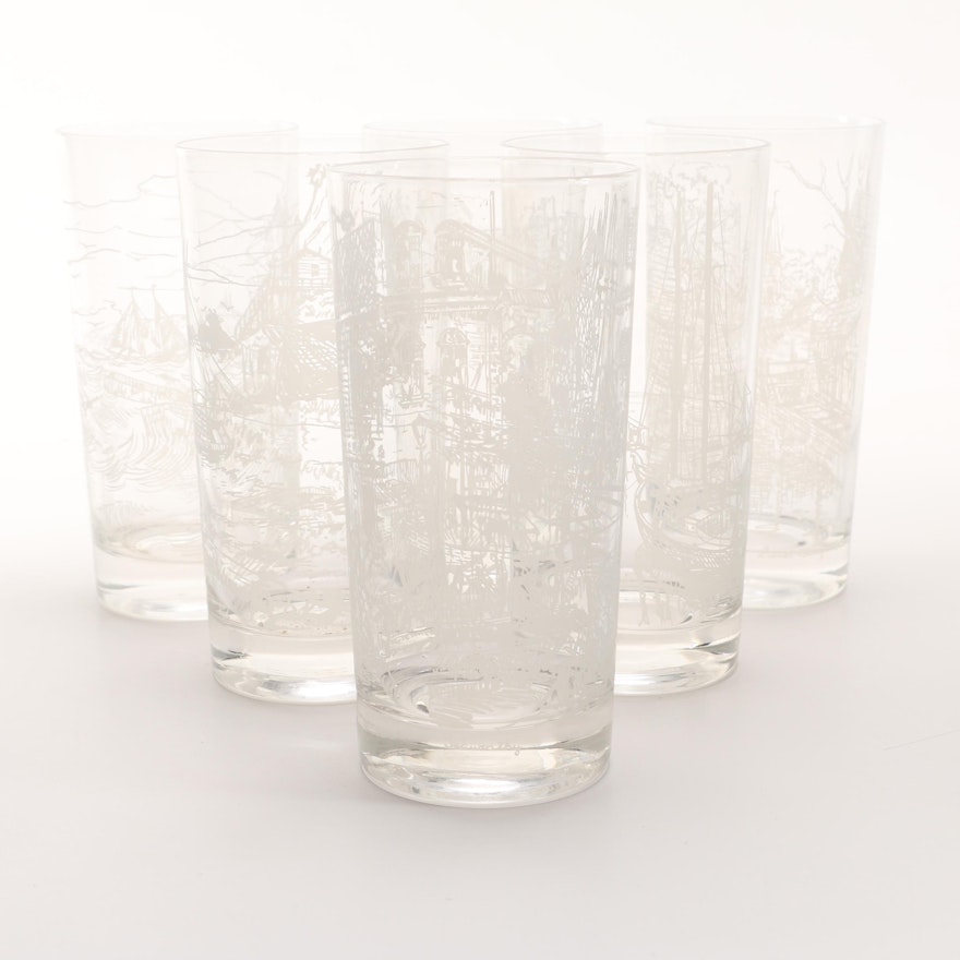 Set of Six Natuical Scene Clear Glass Tumblers