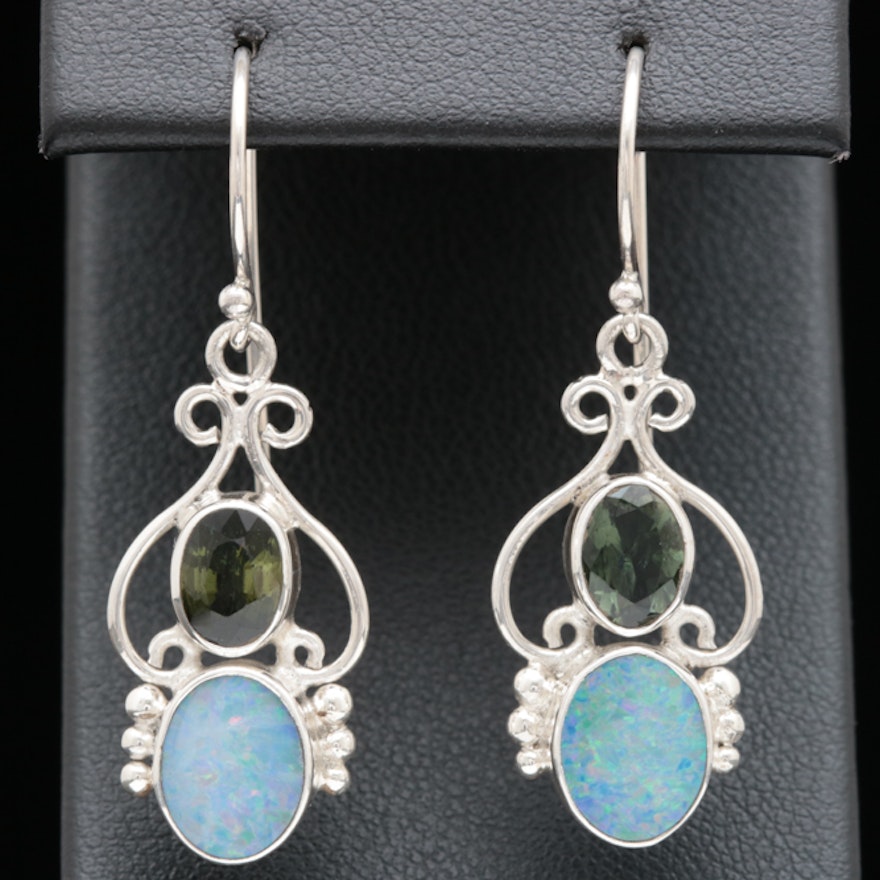 Sterling Silver, Green Tourmaline and Opal Doublet Earrings