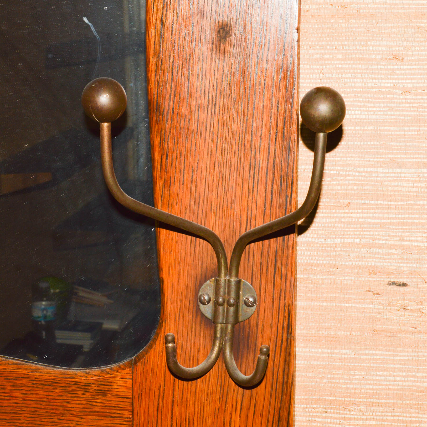 Primitive Style Wooden Wall Mirror With Hooks