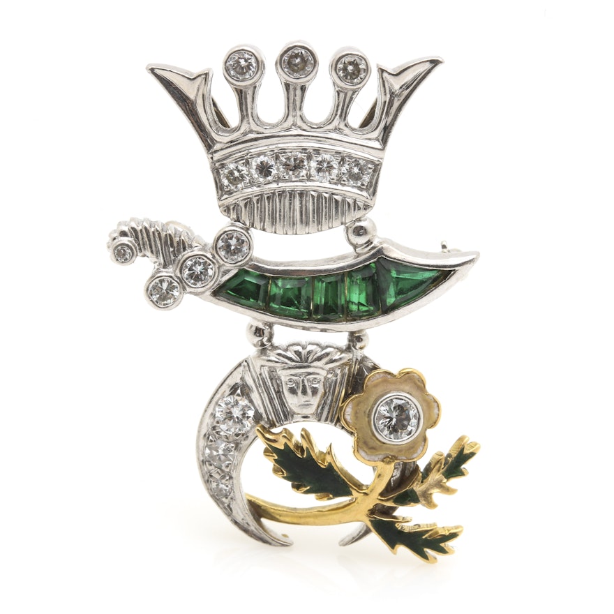 Platinum and 10K Yellow Gold Shriner's Brooch With Diamonds and Beryl Triplets