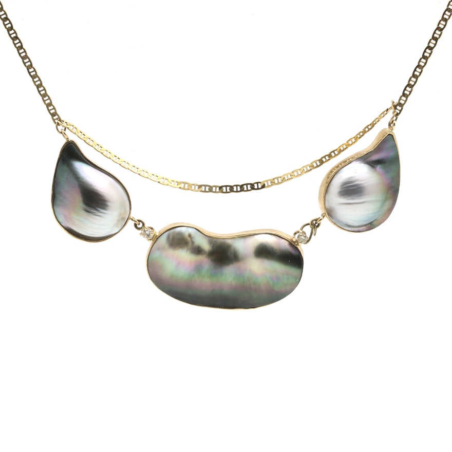 14K Yellow Gold Mabé Pearl, Mother Of Pearl, and Diamond Necklace
