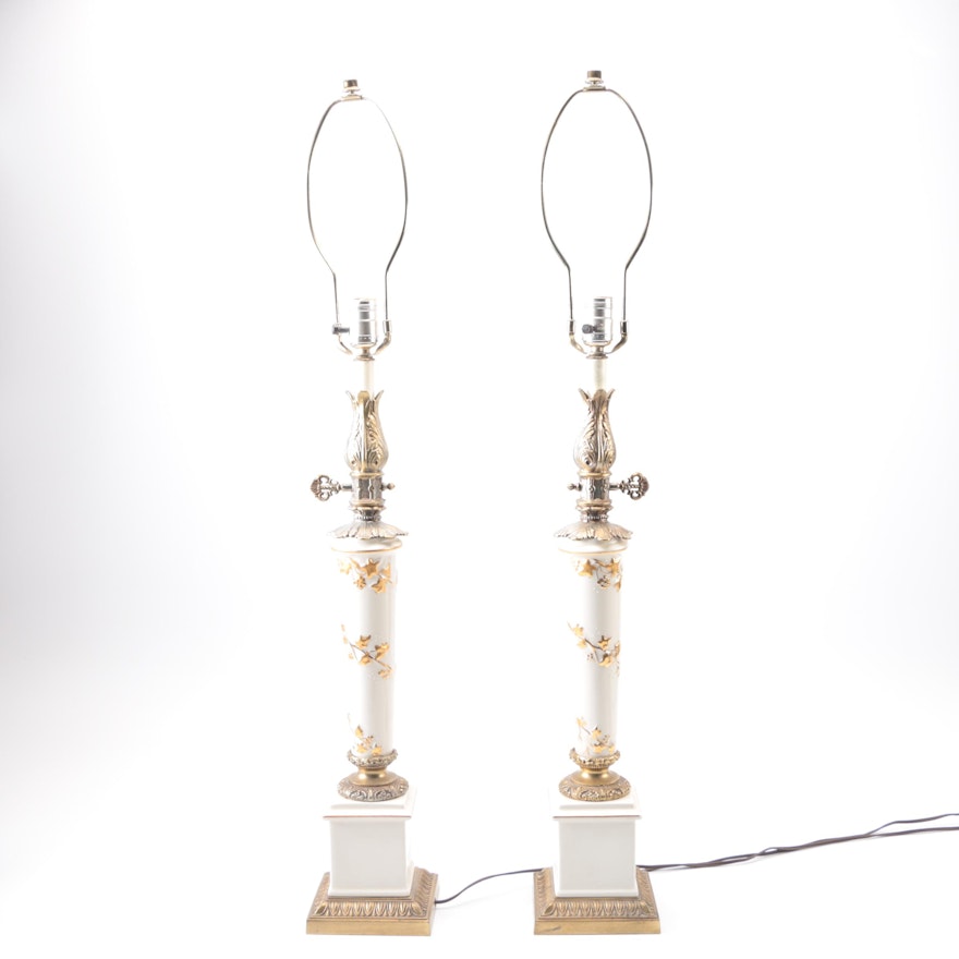 Pair of Gold Tone Metal And Ceramic Leafed Table Lamps