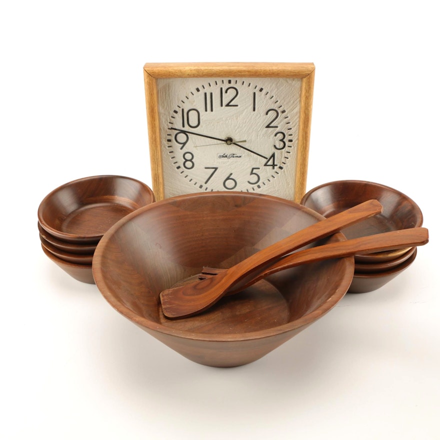 Set of Wood Bowls and Seth Thomas Wall-Hanging Clock