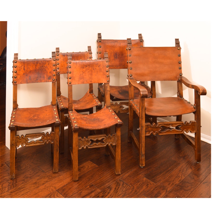 Five Spanish Colonial Revival Leather Dining Chairs