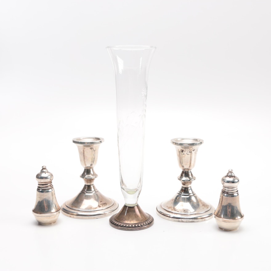 Sterling Candleholders With Salt Casters Shakers and Vase
