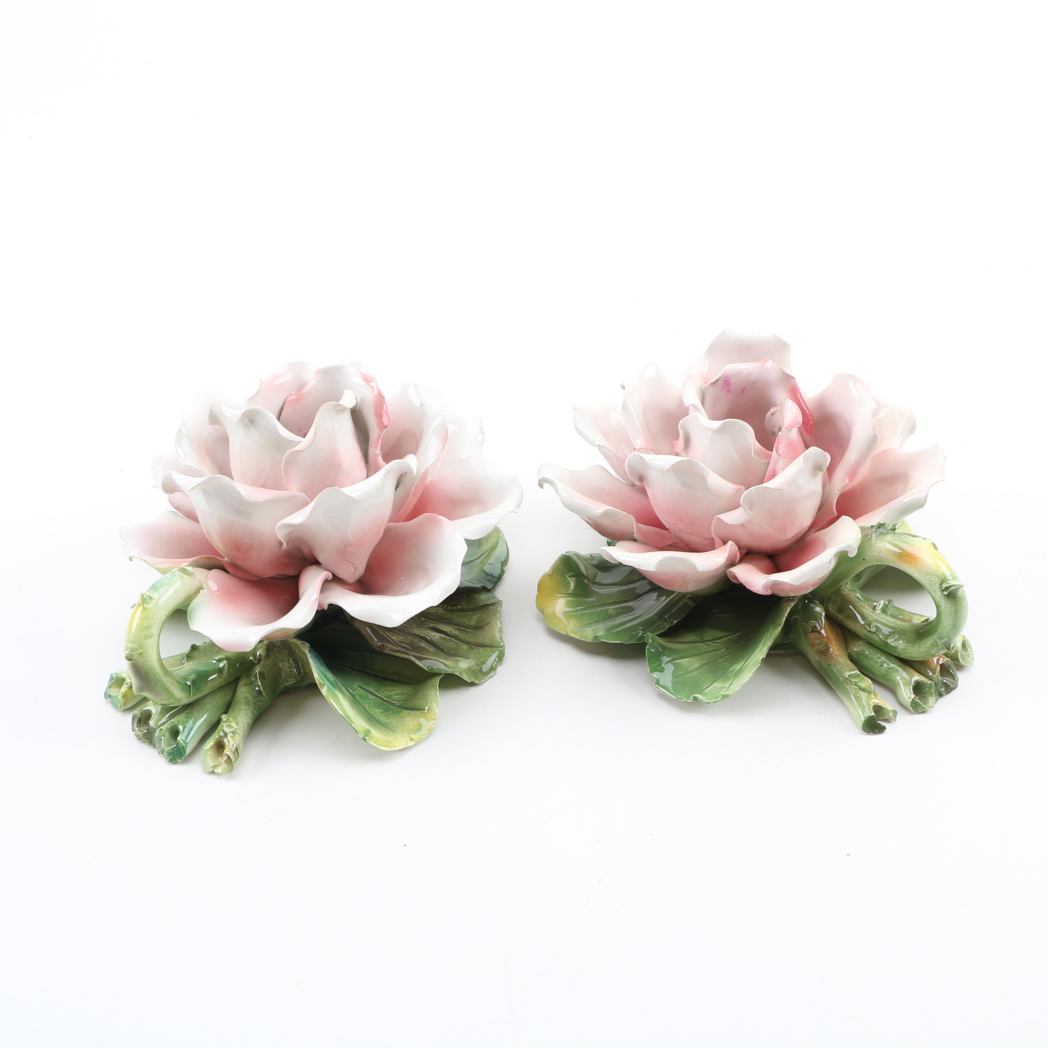 Capodimonte Handmade Italian Porcelain Rose Candle Holders